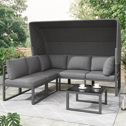 Garten Loungesessel Set, Iron Sunny Island Sitzgruppe Hocker und Tisch mit Markise 4er Set Balkon und Garten Loungemöbel Terrassenmöbel Wetterfest Grau Inkl. Aller Kissen Garten Loungesessel Set, Iron Sunny Island Sitzgruppe Hocker und Tisch mit Markise 4er Set Balkon und Garten Loungemöbel Terrassenmöbel Wetterfest Grau Inkl. Aller Kissen von TIZZ