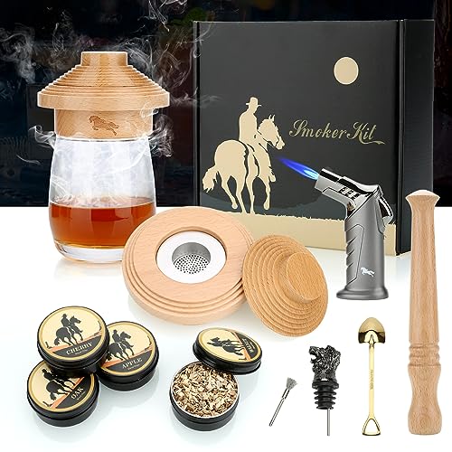 Cocktail Smoker Kit, Flambierbrenner, Cocktail Zubehör mit 4 Geschmacksrichtungen Holzchips & Holz-Muddler & Likör-Ausgießer, Old Fashioned Whiskey Smoker Drinks Kit(Butan Nicht inbegriffen) von TMEOIIPY