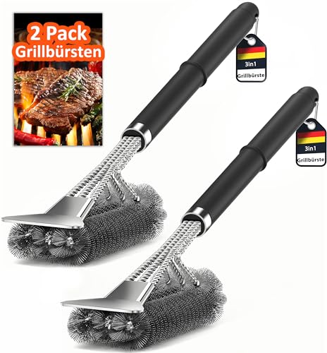 [2 pack]Grillbürste, TNTOR Grill Reinigungsbürste mit Extra Langer Edelstahl Borsten, Edelstahl Spatel und PP Wärmedämmung Griff, für Gasgrill, Holzkohlegrill, Kugelgrill, Elektrogrill und Grillrost. von TNTOR