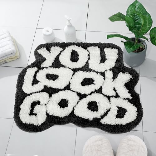 TOIVO You Look Good Badematte, stilvoller, lustiger schwarzer Badezimmerteppich mit niedlichen Worten, saugfähig und rutschfest, 63,5 x 53,3 cm, Schwarz von TOIVO