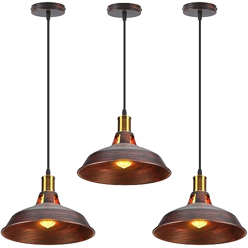 TOKIUS Retro Pendelleuchte, Ø27cm Hängelampe Vintage Industrial Style Metall Deckenleuchte E27 Fassung Hängeleuchte für Esszimmer Küche Restaurant (Rost Kupfer, 3 Stücke) von TOKIUS