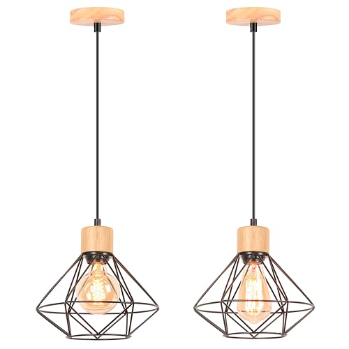 TOKIUS 2 Stücke Pendelleuchten Vintage Industrial Hängelampe Geometrischem Design E27 Lampe aus Holz und Eisen Käfig Lampenschirm Schwarz Hängeleuchte für Esstisch Küche (Pendellampe 1-flammig, 22cm) von TOKIUS