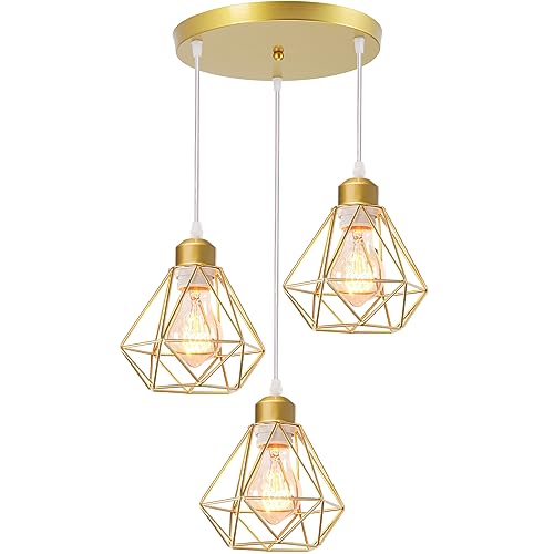 TOKIUS 3-flammig Pendelleuchte 16CM Retro Hängelampe mit Geometrischem Design Lampenschirm E27 Lampe aus Eisen Käfig Gold Hängeleuchte für Esstisch Küche (Pendellampe, Rondell) von TOKIUS