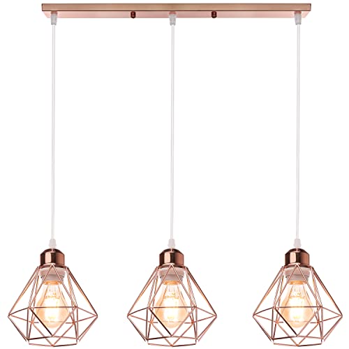 TOKIUS 3-flammig Pendelleuchte Retro Hängelampe mit Geometrischem Design 16CM Lampenschirm E27 Lampe aus Eisen Käfig Roségold Hängeleuchte für Esstisch Küche (Pendellampe, Balken) von TOKIUS