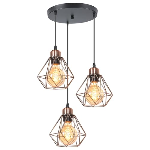 TOKIUS 3-flammig Pendelleuchte Vintage Industrial Hängelampe mit Geometrischem Design E27 Lampe aus Eisen Käfig Lampenschirm Retro Hängeleuchte für Esstisch Küche (Kupferrost, Pendellampe, Rondell) TOKIUS 3-flammig Pendelleuchte Vintage Industrial Hängelampe mit Geometrischem Design E27 Lampe aus Eisen Käfig Lampenschirm Retro Hängeleuchte für Esstisch Küche (Kupferrost, Pendellampe, Rondell) von TOKIUS