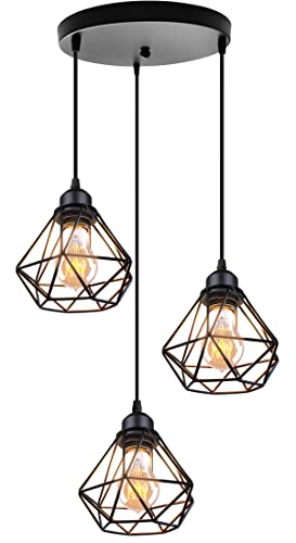 TOKIUS Pendelleuchte 3-flammig Vintage Industrial Hängelampe mit Geometrischem Design E27 Lampe aus Eisen Käfig Lampenschirm Schwarz Hängeleuchte für Esstisch Küche (Pendellampe, Rondell) von TOKIUS