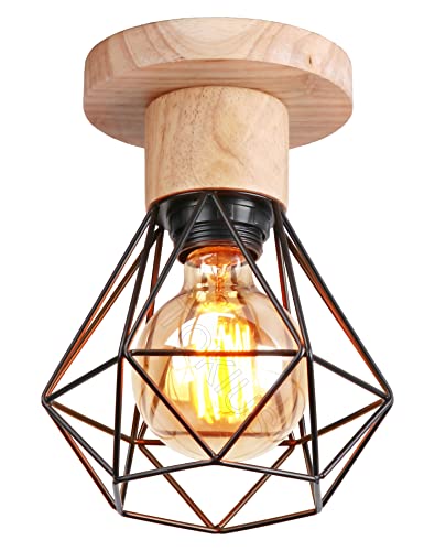 TOKIUS Deckenlampe, 16CM Vintage Deckenleuchte im Industrial Design Retro E27 Lampe aus Holz Eisen Käfig Pendelleuchte Schwarz (1 Stück) von TOKIUS