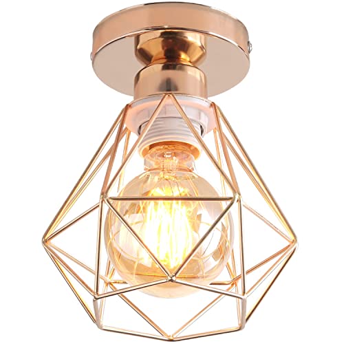 TOKIUS Deckenlampe, 16CM Vintage Deckenleuchte im Industrial Design Retro Lampe aus Eisen Käfig E27 Fassung Pendelleuchte (1 Stück - Gold) von TOKIUS