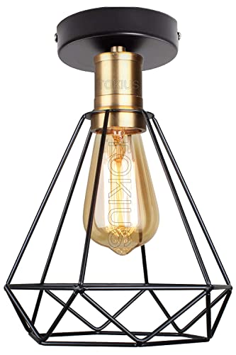 TOKIUS Deckenlampe, 20CM Vintage Deckenleuchte im Industrial Design Retro E27 Lampe aus Eisen Käfig Pendelleuchte Schwarz Messing (Deckenlampe Ø20cm) von TOKIUS