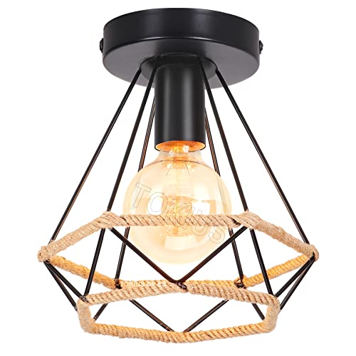 TOKIUS Deckenleuchte Industrielle Vintage Lampe Retro E27 Deckenlampe aus Metall 20CM Käfig Design Pendelleuchte mit Hanfseil für Küche Wohnzimmer Esszimmer Korridor (1 Stück) von TOKIUS