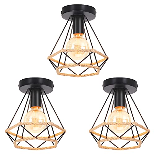 TOKIUS Deckenleuchte Industrielle Vintage Lampe Retro E27 Deckenlampe aus Metall 20CM Käfig Design Pendelleuchte mit Hanfseil für Küche Wohnzimmer Esszimmer Korridor (3 Stücke) von TOKIUS