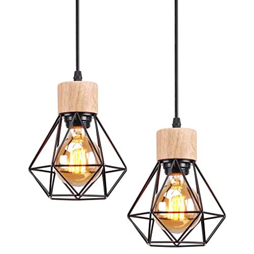 TOKIUS Pendelleuchte Vintage Industrial 16CM Hängelampe Geometrischem Design E27 Lampe aus Holz Eisen Käfig Lampenschirm Schwarz Hängeleuchte für Esstisch Küche (Pendellampe 1-flammig, 2 Stücke) von TOKIUS