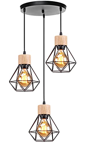 TOKIUS Pendelleuchte Vintage Industrial 16CM Hängelampe mit Geometrischem Design E27 Lampe aus Holz Eisen Käfig Lampenschirm Schwarz Hängeleuchte für Esstisch Küche (Pendellampe 3-flammig, Rondell) von TOKIUS