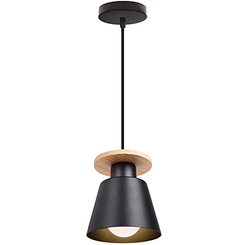 TOKIUS Pendelleuchte Vintage Industrial Hängelampe Holz Metall Lampenschirm E27 Retro Deckenlampe Hängelleuchte für Wohnzimmer Esszimmer (Schwarz, 1 Stück) von TOKIUS