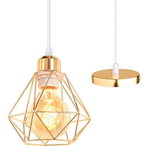 TOKIUS Pendelleuchte Vintage Industrial Hängelampe mit Geometrischem Design E27 Lampe aus Eisen Käfig Lampenschirm Retro Hängeleuchte für Esstisch Küche (Pendelleuchte 1-flammig, Gold Ø 160mm) von TOKIUS