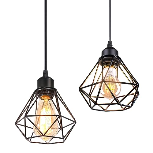 TOKIUS Pendelleuchte Vintage Industrial Hängelampe mit Geometrischem Design E27 Lampe aus Eisen Käfig Lampenschirm Schwarz Hängeleuchte für Esstisch Küche (Pendellampe 1-flammig, Ø 16cm, 2 Stücke) von TOKIUS