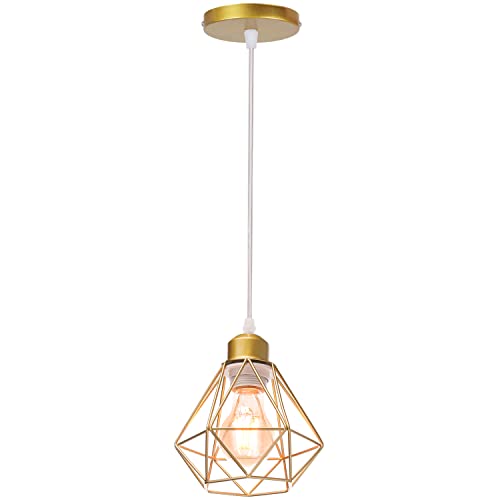 TOKIUS Retro Deckenlampe 16CM Vintage Deckenleuchte im Industrial Design Geometrisch Lampenschirm E27 Lampe aus Eisen Käfig Pendelleuchte Gold (1-flammige Hängelampe) von TOKIUS