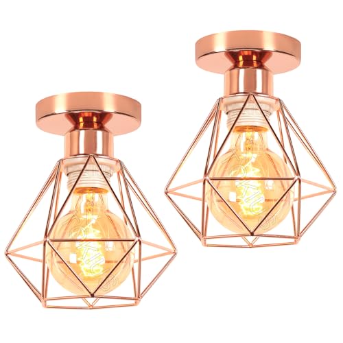 TOKIUS Retro Deckenlampe 16CM Vintage Deckenleuchte im Industrial Design Geometrisch Lampenschirm E27 Lampe aus Eisen Käfig Pendelleuchte Roségold (2 Stücke) von TOKIUS