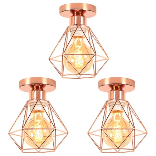 TOKIUS Retro Deckenlampe 16CM Vintage Deckenleuchte im Industrial Design Geometrisch Lampenschirm E27 Lampe aus Eisen Käfig Pendelleuchte Roségold (3 Stücke) von TOKIUS