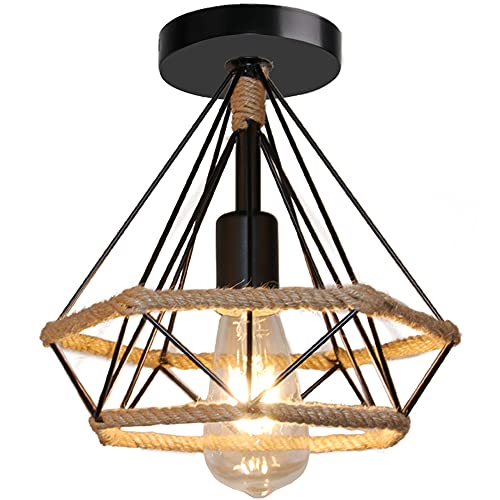 TOKIUS Retro Deckenleuchte, Industrielle Deckenlampe 25cm E27 Vintage Pendelleuchte Schwarz Lampenschirm aus Metall mit Hanfseil Diamant-Design Lampe für Esszimmer Flur Wohnzimmer Café (1 Stück) von TOKIUS