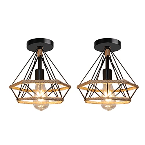 TOKIUS Retro Deckenleuchte, Industrielle Deckenlampe 25cm E27 Vintage Pendelleuchte Schwarz Lampenschirm aus Metall mit Hanfseil Diamant-Design Lampe für Esszimmer Flur Wohnzimmer Café (2 Stücke) von TOKIUS