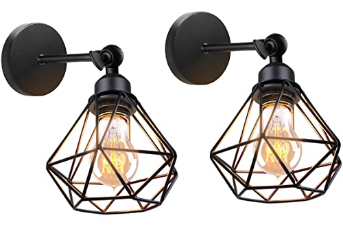 TOKIUS Wandlampe Vintage 16CM Wandleuchte Innen im Industrial Design Retro E27 Lampe aus Eisen Käfig Lampenschirm Verstellbare Deckenleuchte für Flur Wohnzimmer (2 Stücke, Schwarz) von TOKIUS