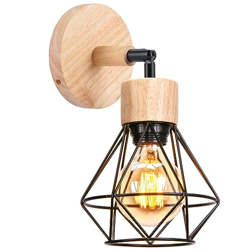 TOKIUS Wandlampe Vintage 16CM Wandleuchte Innen im Industrial Design Retro E27 Lampe aus Holz Eisen Käfig Lampenschirm Verstellbare Deckenleuchte für Flur Wohnzimmer (Schwarz, 1 Stück) von TOKIUS