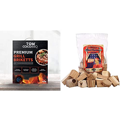 TOM COCO BBQ 10KG Premium Grillbriketts aus Kokosnussschalen, Schwarz & Axtschlag Räucherklötze, Wood Smoking Chunks, Hickory, Holz, 1,5 kg von TOM Coco