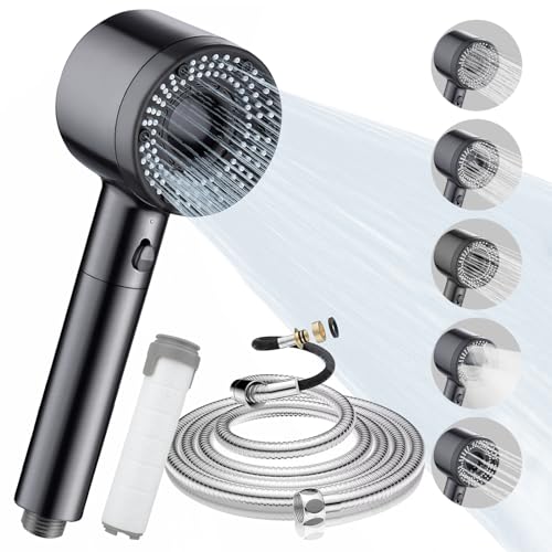 Duschkopf, 5 Strahlarten Modi Hochdruck Duschkopf mit Schlauch 2M, Wassersparend Duschbrause Filter & Wasserstop, Universal Handbrause Regendusche, Einstellbarer Brausekopf für Badezimmer/Spa, Grau von TOPAHGOD