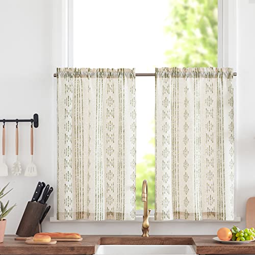 TOPICK Boho Gestreifte Küchen Scheibengardinen Leinen 60 cm Lang Bohemian Kurz Bistrogardine mit Streifen Lichtfilterung Küchengardinen für Esszimmer Badezimmer Klein Fenster Grün auf Beige 2er Set von TOPICK