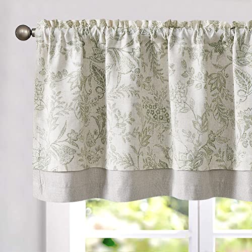 TOPICK Doppellagige Leinen Scheibengardine Geblümt Küche Vorhang Klein Fenstervorhang Blickdicht Floral Gardine Verdunklung Landhaus Stil Bistrogardine Rüschen für Bad 1 Schal 125x45cm Grün auf Beige von TOPICK