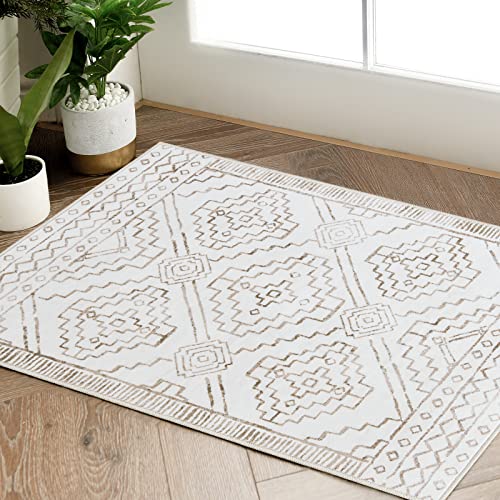 TOPICK Fußmatte 60 x 90 cm Eingangsbereich Teppich weicher Kurzflor Taupe Teppich Eingangsmatte faltbar dünn waschbar Teppich geometrischer Druck Teppich rutschfest leicht Teppich Küche Badezimmer von TOPICK