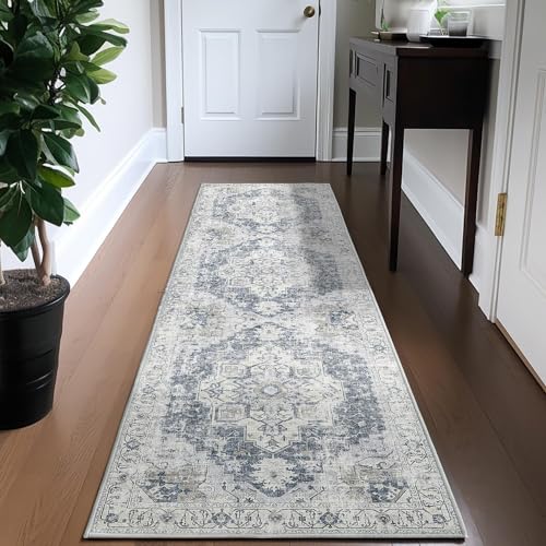 TOPICK Grau Läufer Flur Waschbar Superdünne Vintage Blumen Teppich Kurzflor Orientalischer Lang Floral Küchenteppich Schlafzimmer Wohnzimmer Esszimmer Büro Faltbar Teppichläufer 60x210cm von TOPICK