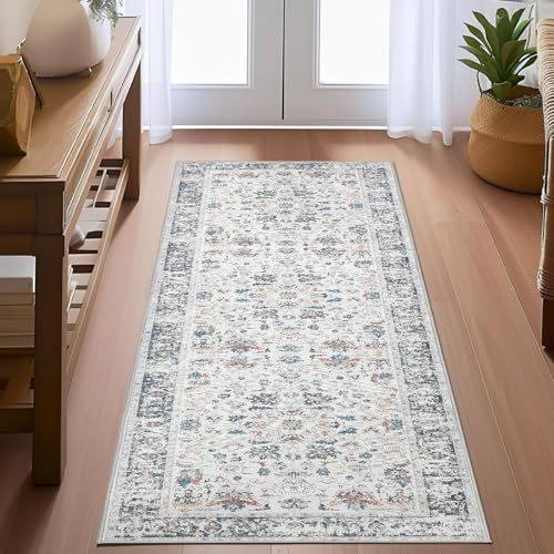 TOPICK Läufer 60x210cm Grau Teppich Waschbar Superdünne Vintage Blumen Perserteppich Kurzflor für Küche Schlafzimmer Wohnzimmer Floral Teppichläufer Antirutschunterlage Faltbar von TOPICK