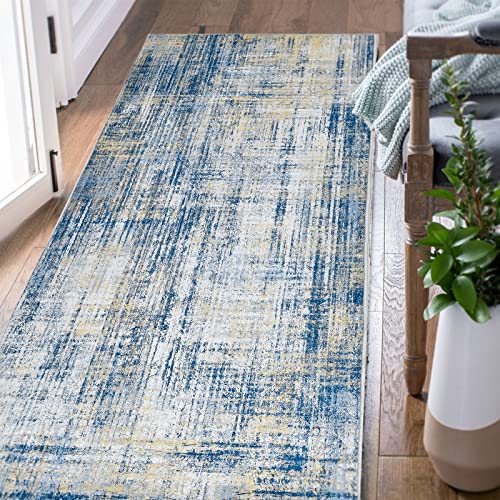 TOPICK Läufer Flur Abstrakt Teppich Kurzflor Dünne Teppiche Geometrische Küchenteppich Blau Teppichläufer Schlafzimmer Wohnzimmer Esszimmer Arbeitszimmer Büro Faltbar 60x210cm Marineblau von TOPICK