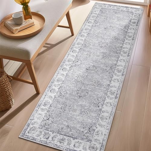 TOPICK Läufer Teppich 60 x 210 cm Flächenteppich Läufer Distressed Grau Floral Teppich Küche Vintage Teppich Flur Chenille Druck Grau Bodenabdeckung Indoor Dünner Teppich Akzentteppich rutschfest von TOPICK