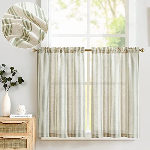 TOPICK Leinen Gestreifte Scheibengardinen Halbtransparent Bistrogardine Sheer Vorhang Privatsphäre Fenstervorhang Gardine für kleine Fenster Küche Bad Wohnzimmer 2er Set 65Bx60H(cm) Grün auf Beige von TOPICK