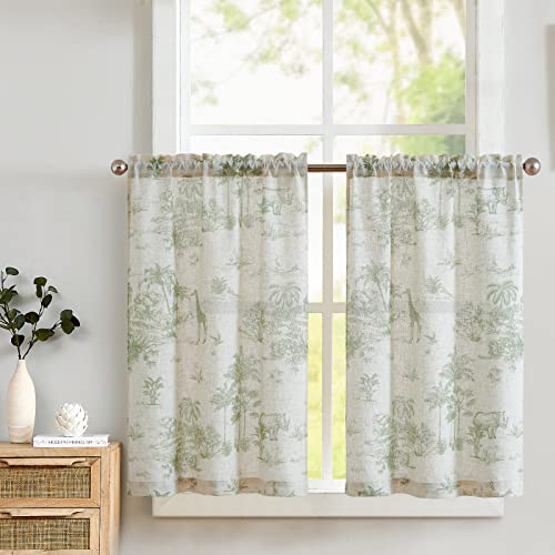 TOPICK Leinen Scheibengardinen Toile de Jouy Blickdicht Bistrogardine Shabby Chic Landhaus Vorhang Privatsphäre Fenstervorhang für klein Fenster Küche Bad Wohnzimmer 2er Set 65Bx60H(cm) Grün auf Beige von TOPICK