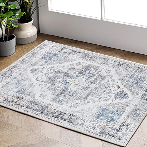 TOPICK Grau Teppich Floral Vintage Blumenteppich Faltbar Kurzflor Läufer Orientalischer Dünner Teppichläufer Küchen Schlafzimmer Wohnzimmer Esszimmer Arbeitszimmer Büro Anpassbar 60x150cm von TOPICK