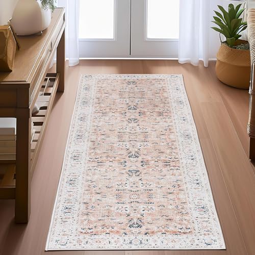 TOPICK Rosa Läufer Teppich Wohnzimmer Waschbar Superdünne Vintage Blumen Perserteppich Kurzflor Küche Schlafzimmer Wohnzimmer Mädchen Floral Teppichläufer Antirutschunterlage Faltbar 60x210cm von TOPICK