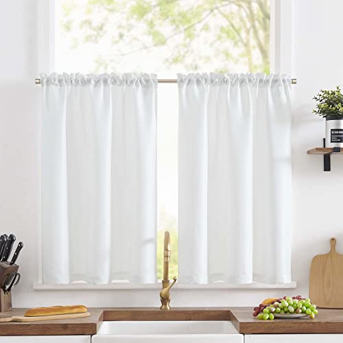 TOPICK Scheibengardine Leinenoptik Bistrogardine Uni Kurzer Küche Vorhänge Jacquard Gewebe Gitter Lichtfilterung Paarig Schals für Wohnzimmer Landhaus Kleine Fenster 90x90cm Weiß 2er Set von TOPICK