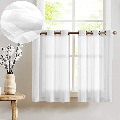 TOPICK Sheer Scheibengardinen mit Ösen Transparent Bistrogadine Landhaus Streifen Voile Küchenvorhang Gestreift Küchengardinen Paarig für Badezimmer Klein Fenster Dekor 90x60cm(BxH) Weiß 2er Set von TOPICK