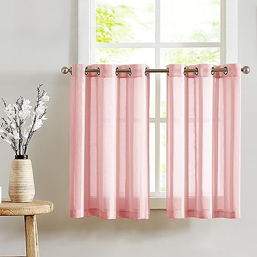 TOPICK Sheer Scheibengardinen mit Ösen Transparent Bistrogadine Landhaus Streifen Voile Küchenvorhang Gestreift Küchengardinen Paarig für Badezimmer Klein Fenster Dekor 90x90cm(BxH) Rosa 2er Set von TOPICK