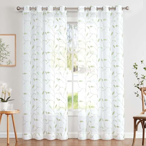 TOPICK Sheer Vorhang Voile Gardinen mit Ösen Blätter Stickerei Transparent Ösenschal Gaze Paarig Ösenschals Blatt für Wohnzimmer Schlafzimmer Stores Gardinen Dekor 2er Set Grün auf Weiß 140x225 cm TOPICK Sheer Vorhang Voile Gardinen mit Ösen Blätter Stickerei Transparent Ösenschal Gaze Paarig Ösenschals Blatt für Wohnzimmer Schlafzimmer Stores Gardinen Dekor 2er Set Grün auf Weiß 140x225 cm von TOPICK