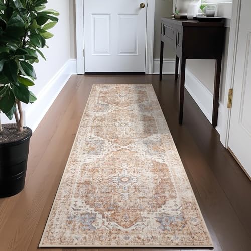 TOPICK Ziegelrot Läufer Flur Teppich Waschbar Superdünne Vintage Kurzflor Orientalischer Lang Küchenteppich Schlafzimmer Wohnzimmer Esszimmer Büro Faltbar Flower Teppichläufer Rot 60x210cm von TOPICK