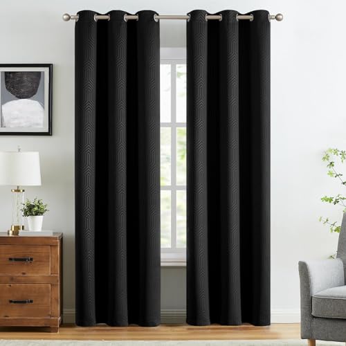 TOPICK Thermovorhang mit ösen, Verdunkelungsvorhänge Geometrisch Gemustert Vorhänge Blickdicht für Schlafzimmer Wohnzimmer, 2er Set Blackout Gardinen Fenstervorhänge 140 * 225CM Schwarz von TOPICK