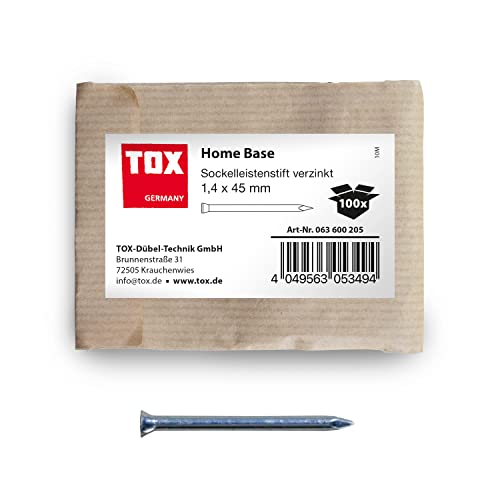 TOX 63600205 Home Base Sockelleistenstifte blau verzinkt mit tiefem Senkkopf in recycelbarer Papierverpackung, zur Befestigung von Sockelleisten, Lattungen, Holz uvm, 100 Stk, Silber, 1,4 x 45 mm von TOX