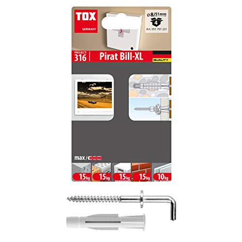 TOX Hakendübel Pirat Bill-XL mit Allzweckdübel TRIKA 8x51 mm und Schraube mit langem Winkelhaken, Dübel und Haken für Befestigungen in fast allen Baustoffen, jeweils 4 Stück im Blister, 051701221 von TOX