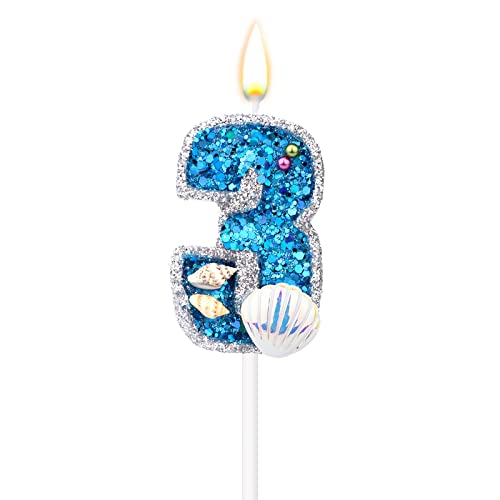 8 X 5 cm Geburtstagszahlen Kerzen, Blaue Zahlenkerzen für Torte Muschel-Pailletten-Zahlenkerzen für Geburtstag Kerzentortenaufsatz Glitzer-Zahlenkerzen für Jubiläum Themenparty (3) von TOYMIS