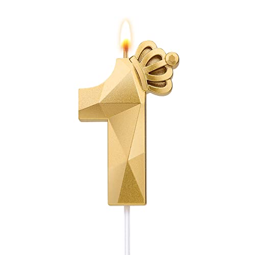 Number Birthday Candle, 3.1inch/7.9cm 3D Number Candle with Crown Decoration Large Cake Topper Birthday Cake Number Candle for Wedding Anniversary Graduation Holiday Party (Gold, 1) von TOYMIS